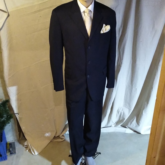 Like new black pinstriped S&K Famous Brands suit size 48L and pants 43.